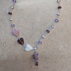 Lampwork glass Heart necklace with crystals 20" long silver clasp
